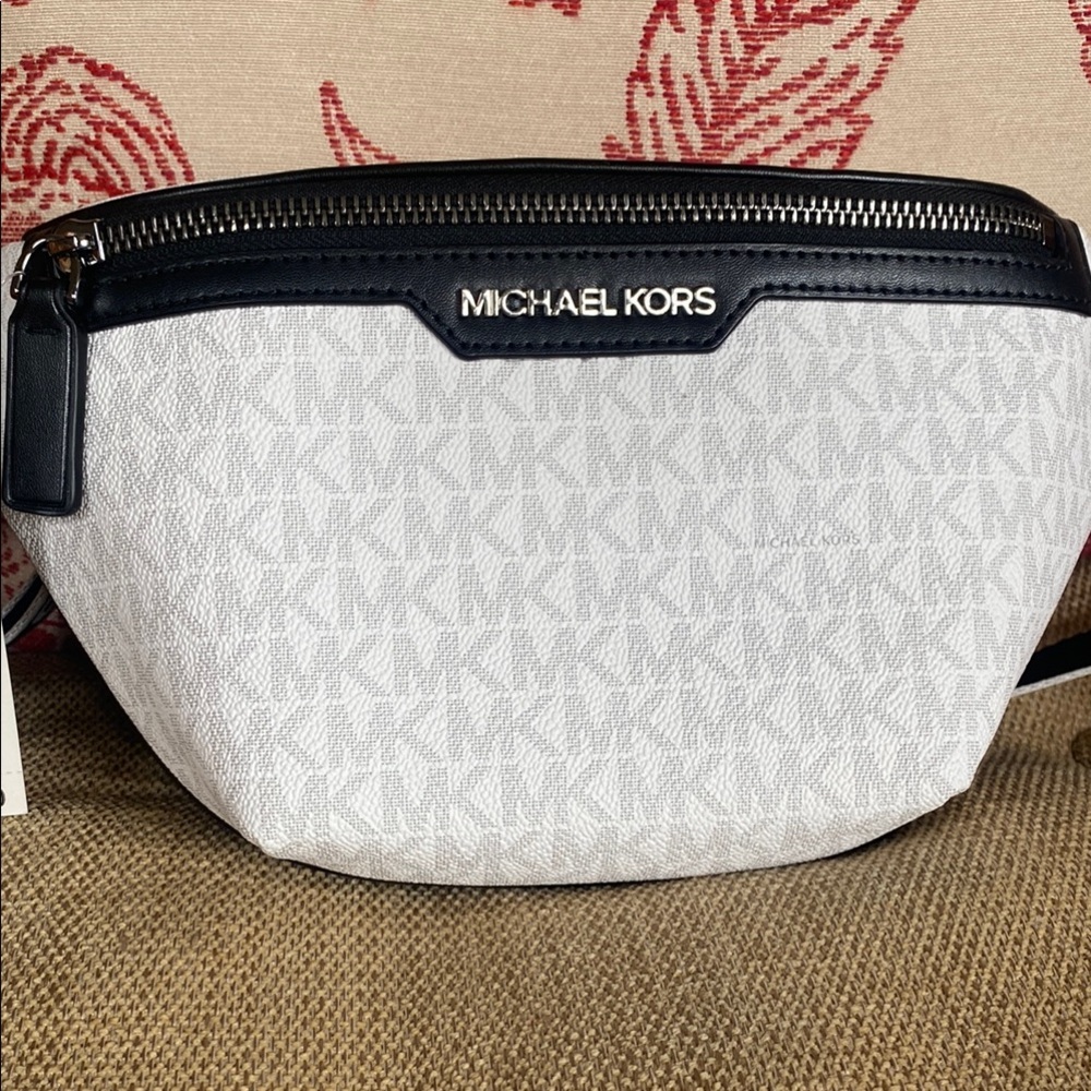 Michael Kors White and Black Belt Bag with Monogram Pattern